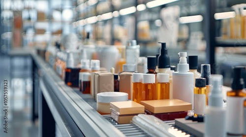 Conveyor belt with various beauty products ready for packaging Close-up photo with clean background photo