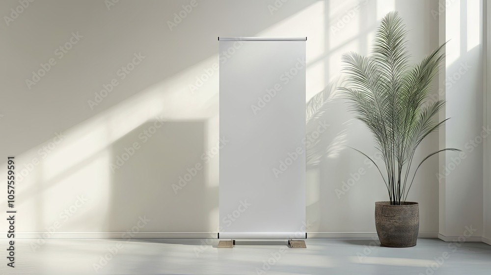 Roll up mockup poster stand. A roll-up booth in a minimalist environment. Blank space for text Roll up mockup poster stand. A roll-up booth in a minimalist environment. Blank space for text