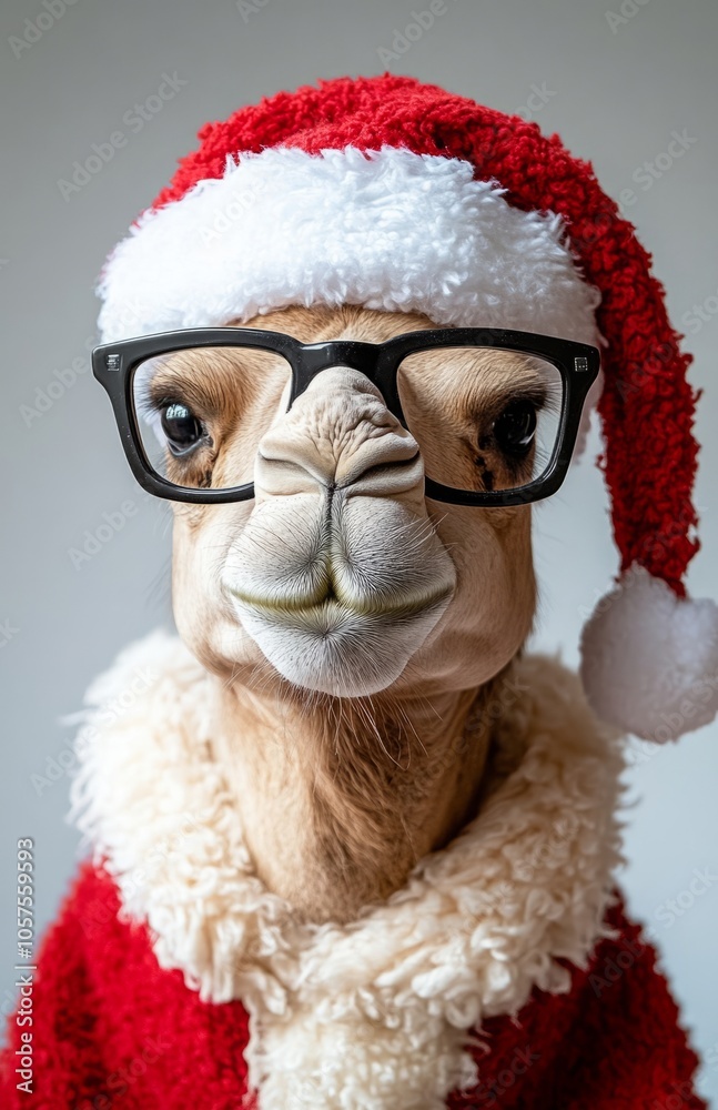 A Camel in Santa Hat and Glasses Celebrating Christmas Cheerfully A Camel in Santa Hat and Glasses Celebrating Christmas Cheerfully