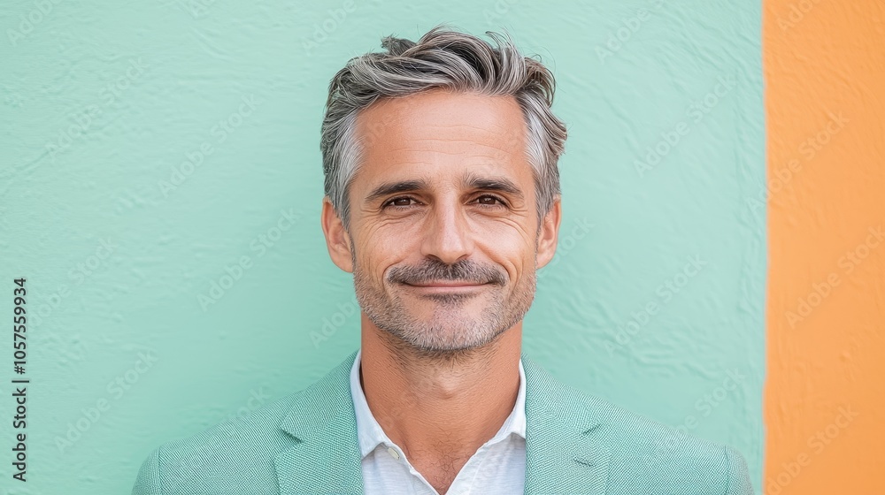 Fototapeta premium Confident and charismatic man smiling against a colorful background embracing positivity and style in everyday life