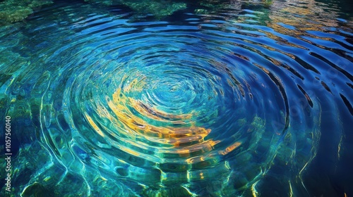 Rainbow Rings in Pristine Hot Spring: Early Morning Light Highlights Crystal Clear Waters, Concentric Circles, and Depth in National Geographic Style.