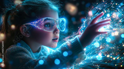 A kid girl interacts with a neural network display. The concept of early learning, future technology, and the curiosity-driven exploration of AI. Generative AI.