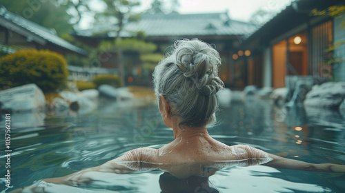 An elderly gray haired woman bathes in a hot thermal spring on a winter day. Self-care, healthy lifestyle, leisure, travel, mental health.