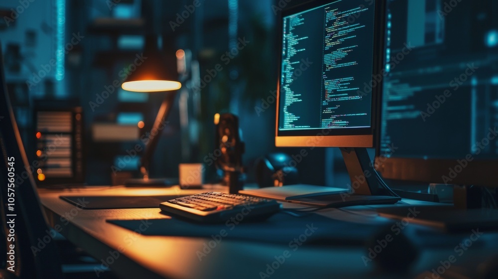 Modern Workspace with Monitors and Coding Screen