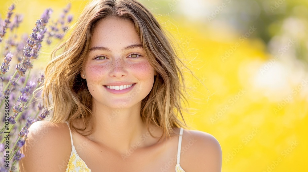 Capturing joy a young woman's radiant smile surrounded by lavender fields on a bright sunny day in nature's embrace