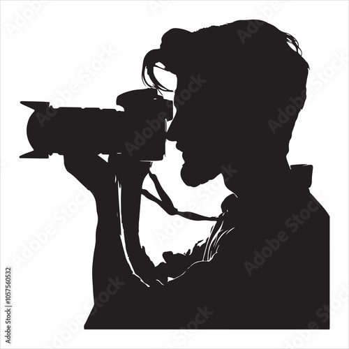 ilhouette of a photographer taking a shot on a white background 