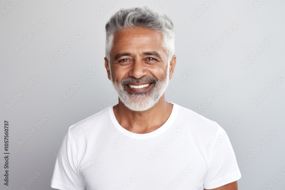 Portrait of a smiling indian man in his 50s donning a trendy cropped top while standing against plain white digital canvas Portrait of a smiling indian man in his 50s donning a trendy cropped top while standing against plain white digital canvas