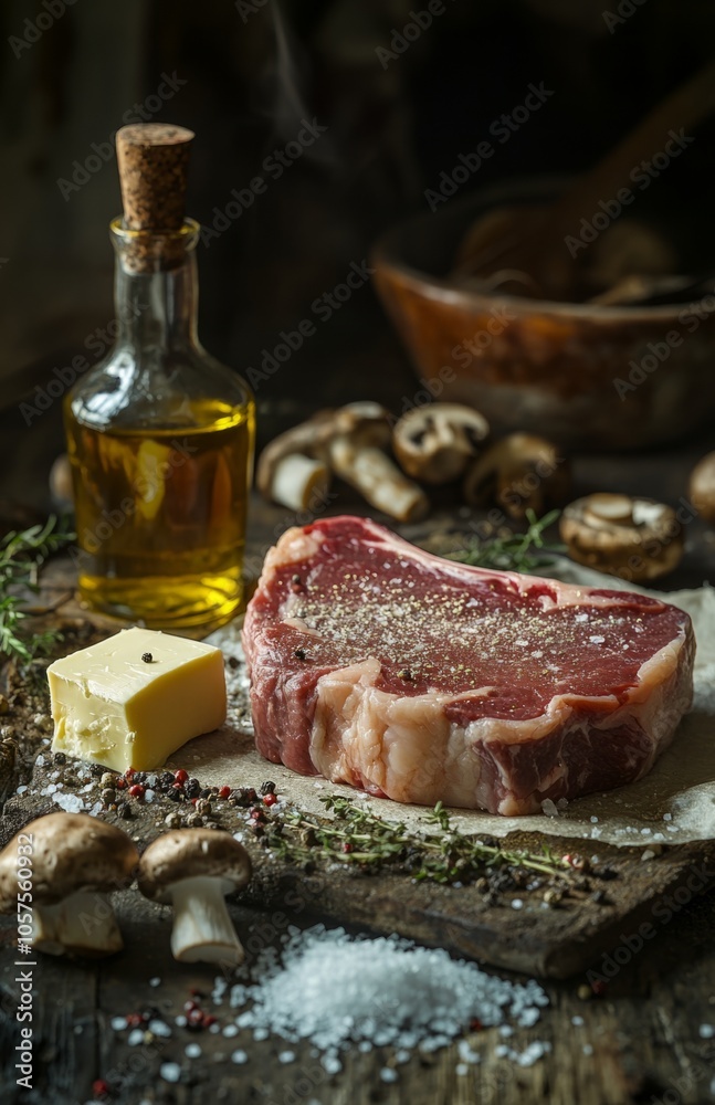 Delicious Ribeye Steak with Mushrooms and Cheese on Elegant Table Delicious Ribeye Steak with Mushrooms and Cheese on Elegant Table