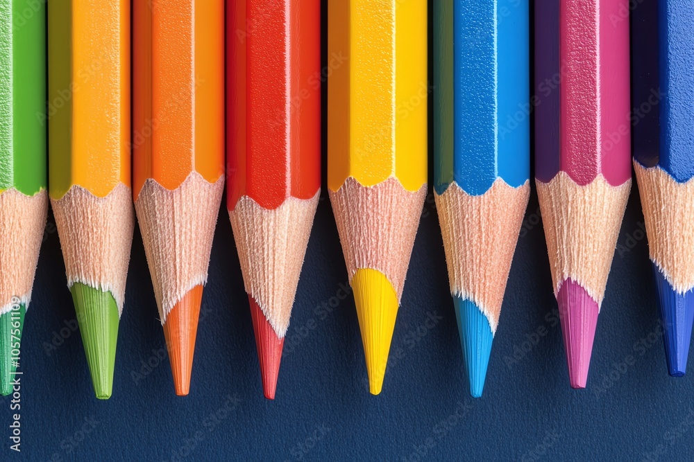 Closeup of sharpened colored pencils in a rainbow arrangement, symbolizing creativity and artistic expression, art materials, color harmony Closeup of sharpened colored pencils in a rainbow arrangement, symbolizing creativity and artistic expression, art materials, color harmony