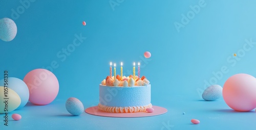 Colorful Birthday Cake with Candles and Balloons
