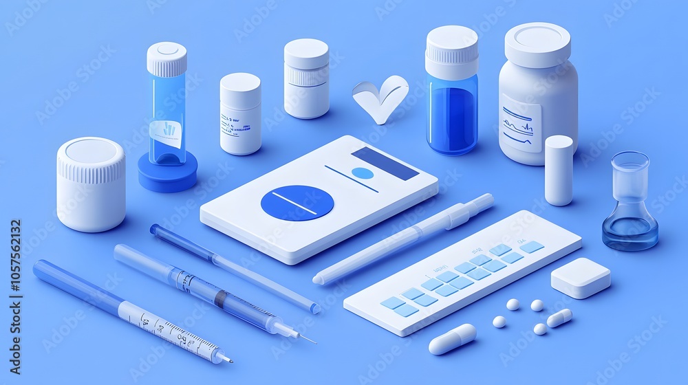Illustration of a blood sugar testing kit with a blue circle symbol, representing World Diabetes Day Illustration of a blood sugar testing kit with a blue circle symbol, representing World Diabetes Day