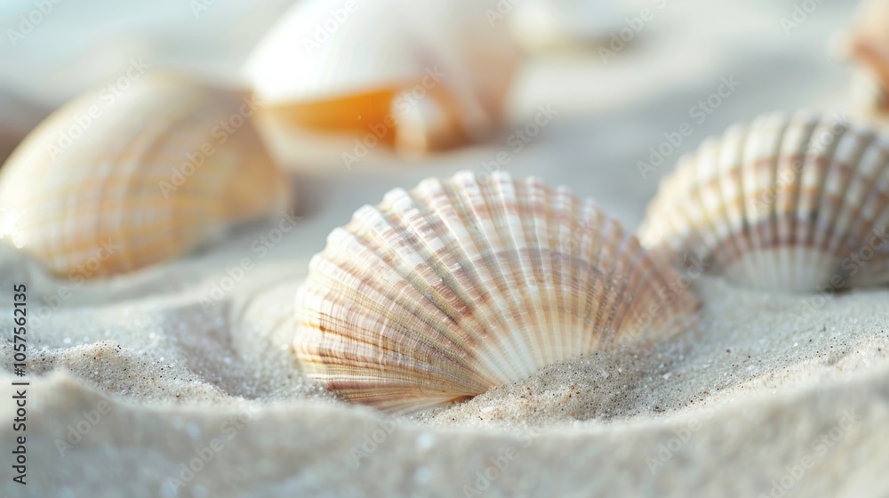 Detailed close-up of a few sea shells with varying textures, including scallop and clam shells, scattered on a soft, light sandy surface Detailed close-up of a few sea shells with varying textures, including scallop and clam shells, scattered on a soft, light sandy surface