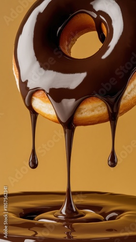 Close-up of donut with melted dark chocolate drizzle on yellow backdrop