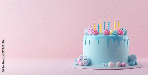 Colorful Birthday Cake with Candles and Balloons
