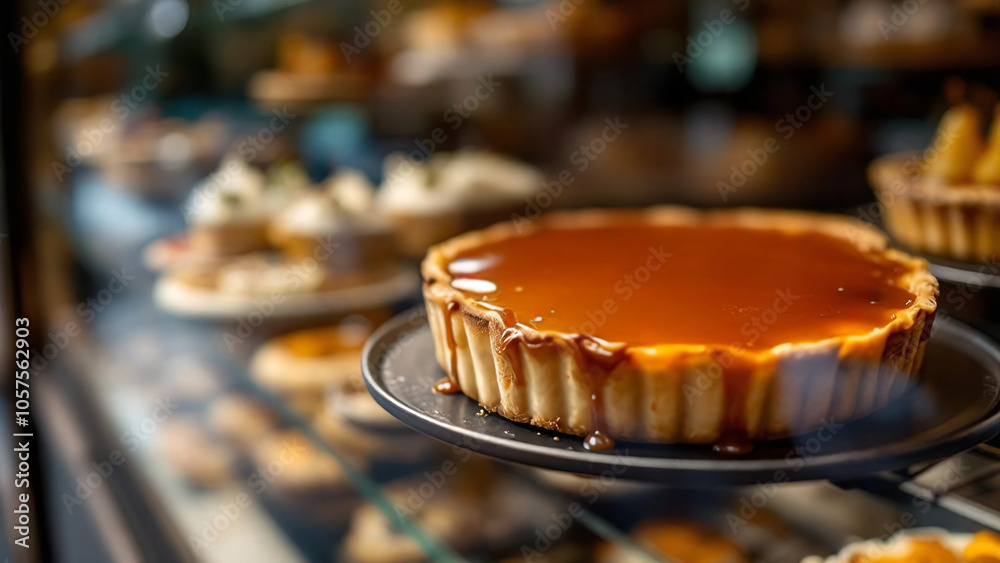 Delicious caramel tart with a tempting glaze on a display shelf. Delicious caramel tart with a tempting glaze on a display shelf.