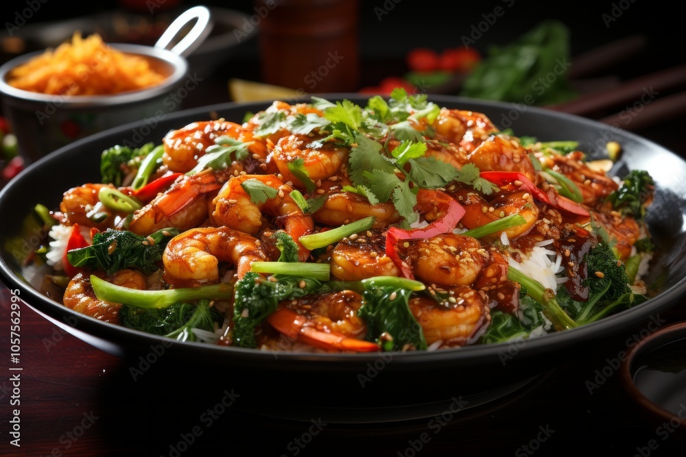 A sizzling pan of spicy shrimp with fresh herbs, peppers, and greens, showcasing vibrant colors and rich textures for culinary photography. A sizzling pan of spicy shrimp with fresh herbs, peppers, and greens, showcasing vibrant colors and rich textures for culinary photography.