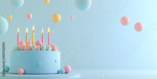 Colorful Birthday Cake with Candles and Balloons

