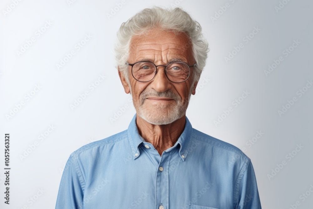 Portrait of a tender afro-american elderly man in his 90s sporting a versatile denim shirt on plain white digital canvas Portrait of a tender afro-american elderly man in his 90s sporting a versatile denim shirt on plain white digital canvas