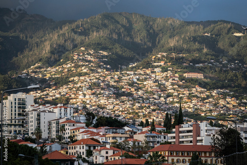 Sunlight illuminates the hillside city of Funchal on the island of Madeira, Portugal; Funchal, Madeira, Portugal photo