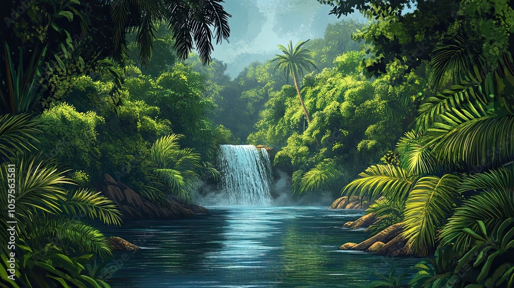 Lush Tropical Jungle with Waterfall and Calm Pool