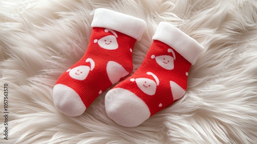 Baby s first Christmas socks in red with little Santa hats, lying on a fluffy white background photo