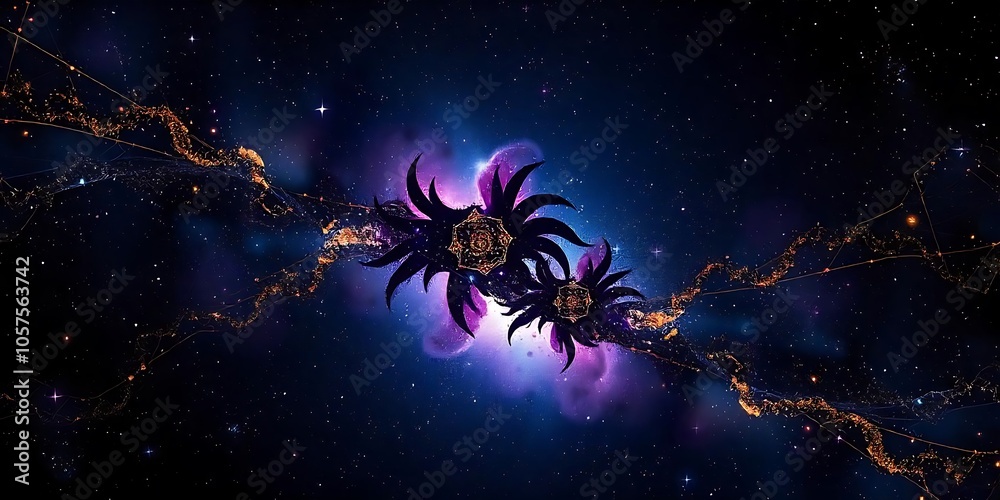 Naklejka premium Abstract Geometric Galaxy Background with Futuristic Patterns and Vibrant Nebula Colors – Perfect for Digital Art & Wallpaper