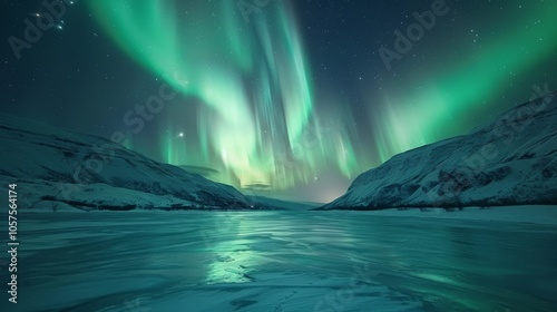 Enchanting northern lights filling the night sky with vibrant green and violet ribbons, casting a soft glow over a peaceful, 