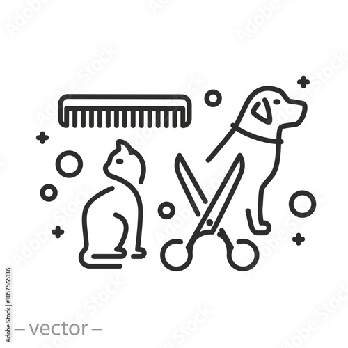 pet grooming, animal grooming salon icon, dog and cat, scissors with comb for groomer, vector illustration