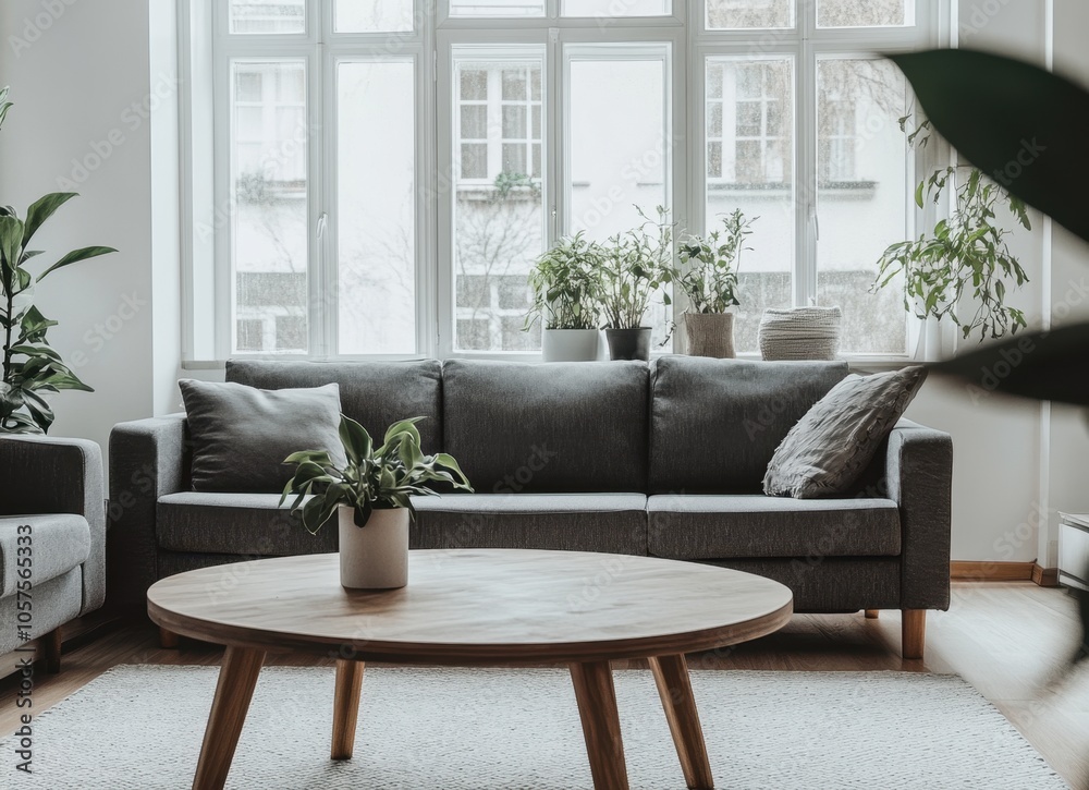 Fototapeta premium A living room with a couch and a coffee table. The couch is gray and has a plant on it. There are two potted plants in the room, one on the table and one on the floor