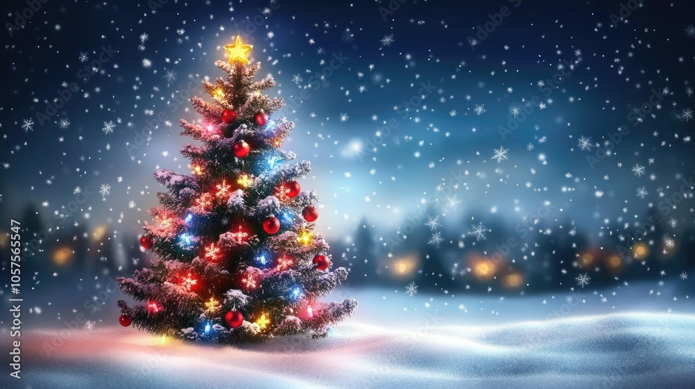 Festive tree with snow and lights, blurred winter wonderland background for a cozy holiday scene. Festive tree with snow and lights, blurred winter wonderland background for a cozy holiday scene.