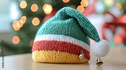 Elfthemed knit hat with pointed tip and a little jingle bell, playful for Christmas photo