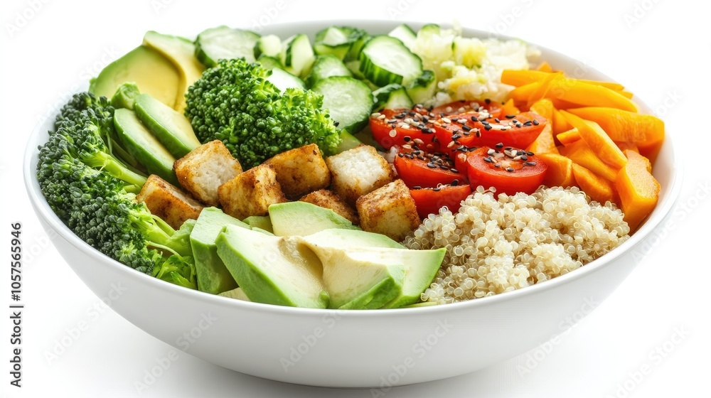 Fresh vegan Buddha bowl with mixed vegetables, quinoa, and avocado, isolated on a white background for a vibrant, healthy look Fresh vegan Buddha bowl with mixed vegetables, quinoa, and avocado, isolated on a white background for a vibrant, healthy look
