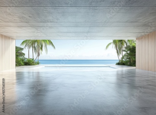 A large open space with a pool and a beach in the background. The pool is empty