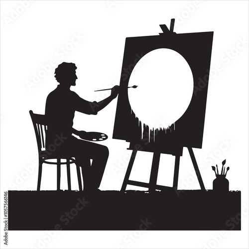 Minimalist silhouette of a painter creating art on a canvas on a white background 