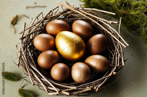 A bunch of eggs inside a woven nest with onn gold egg. Eggs are cracked photo