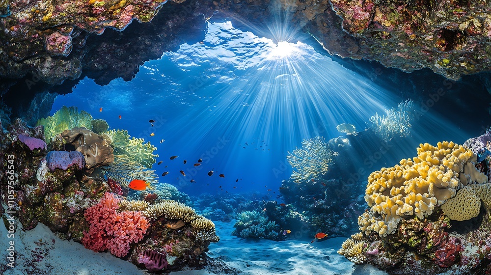 Sunlight beams through a coral reef cave. Sunlight beams through a coral reef cave.