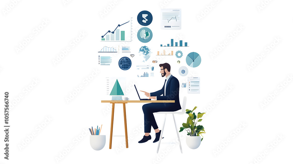 Financial analyst working at desk with charts and graphs in background Financial analyst working at desk with charts and graphs in background