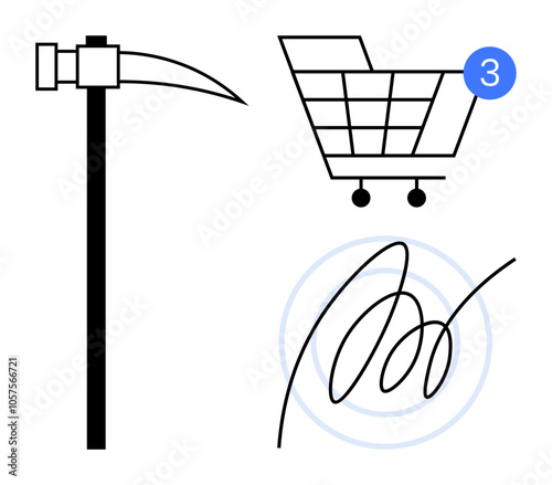 Pickaxe, shopping cart with notification bubble 3 , abstract swirl line. Ideal for e-commerce, mining, construction, digital notifications, abstract concepts, technology, app design. Line metaphor