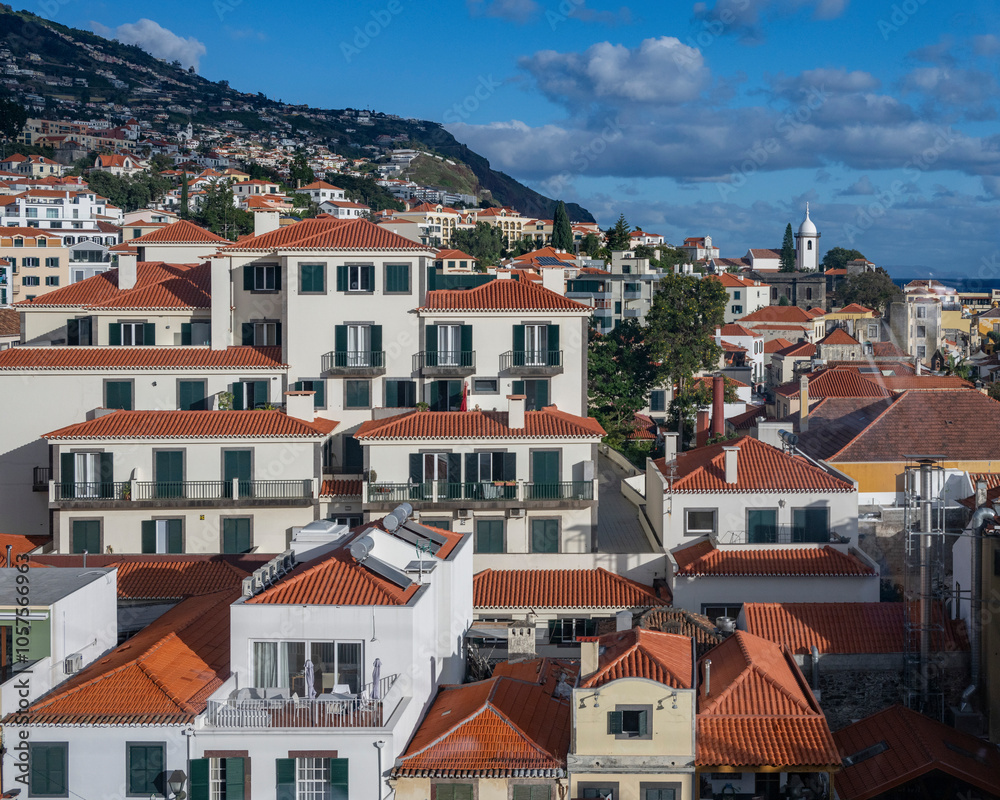 Housing with clay tile roofs in the coastal town of Funchal on the island of Madeira, Portugal; Funchal, Madeira, Portugal Housing with clay tile roofs in the coastal town of Funchal on the island of Madeira, Portugal; Funchal, Madeira, Portugal