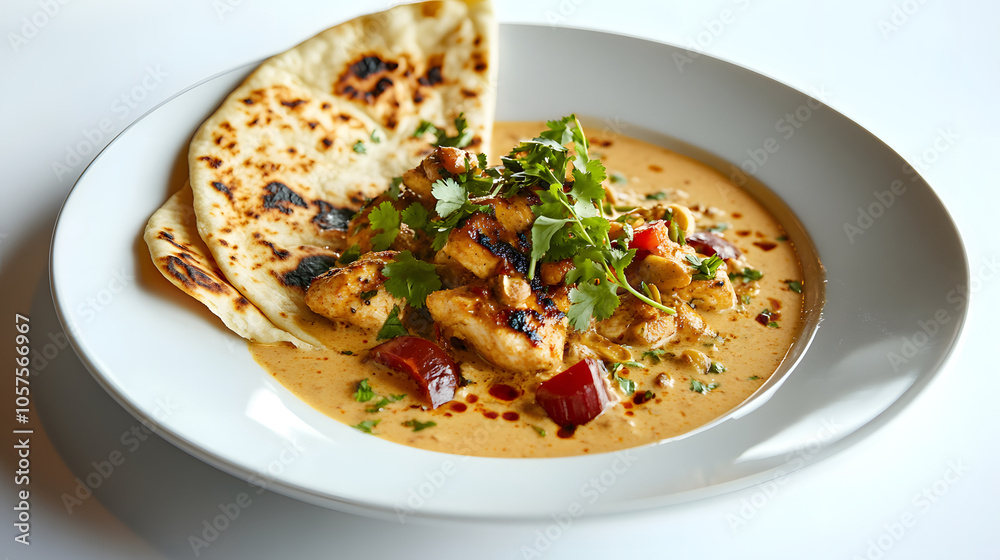 Creamy korma featuring chicken in rich sauce with naan bread Creamy korma featuring chicken in rich sauce with naan bread