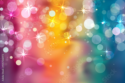 Vibrant dreamy bokeh effect, blending warm and cool colors in soft gradient. Large and small circular lights scattered. Glowing magical atmosphere. Star sparkles intersperse. Vector holographic design