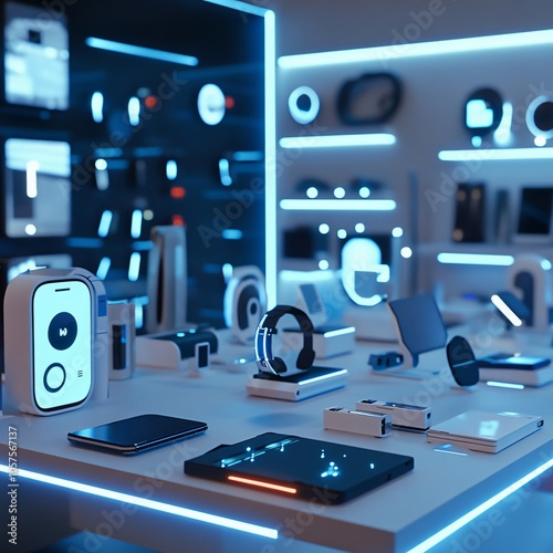 Futuristic showcase of high-tech gadgets and devices in a modern space photo