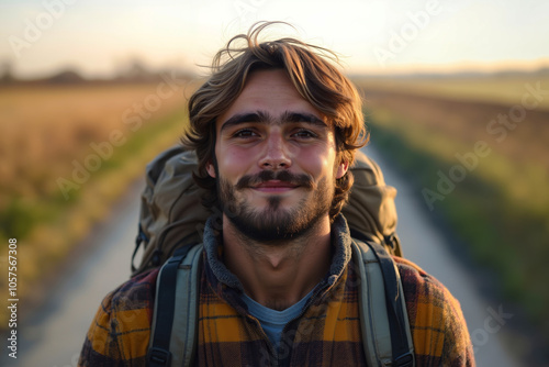 A bearded man with a backpack smiling at the camera