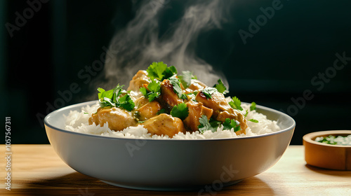 steaming bowl of chicken curry served over fluffy rice, garnished with fresh herbs
