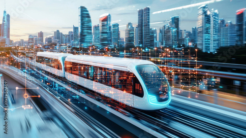 Wallpaper Mural Modern train speeding through futuristic city skyline with digital elements Torontodigital.ca