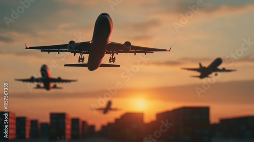 Flying cargo planes at sunset over shipping containers create dynamic scene