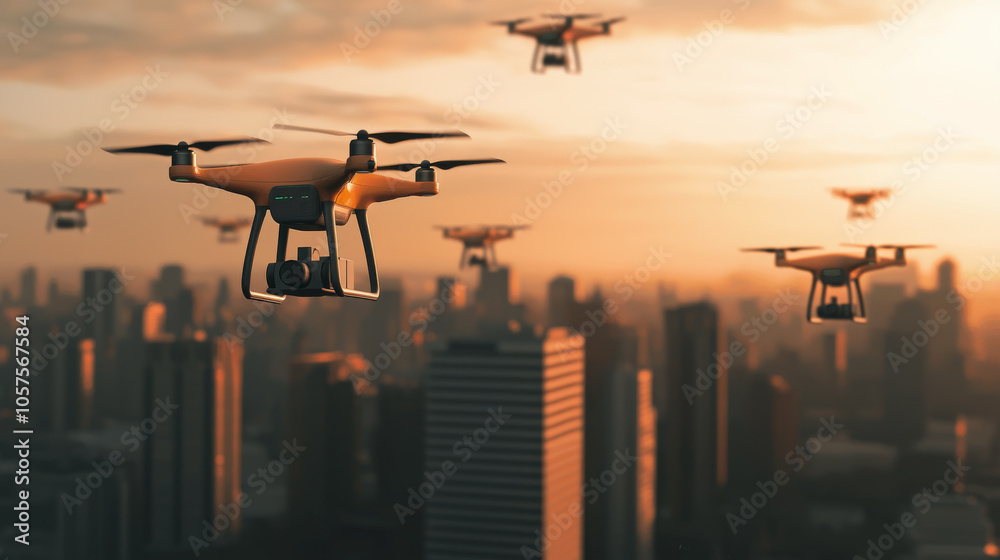 Drones flying over city skyline at sunset, showcasing technology and innovation