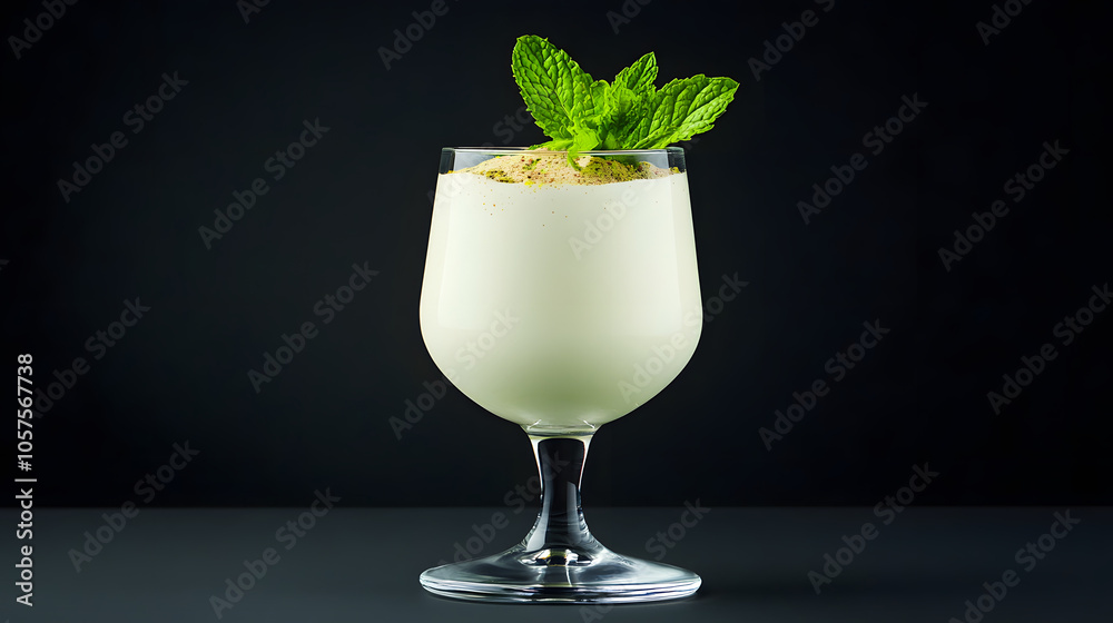 Refreshing lassi drink topped with mint leaves and spices Refreshing lassi drink topped with mint leaves and spices