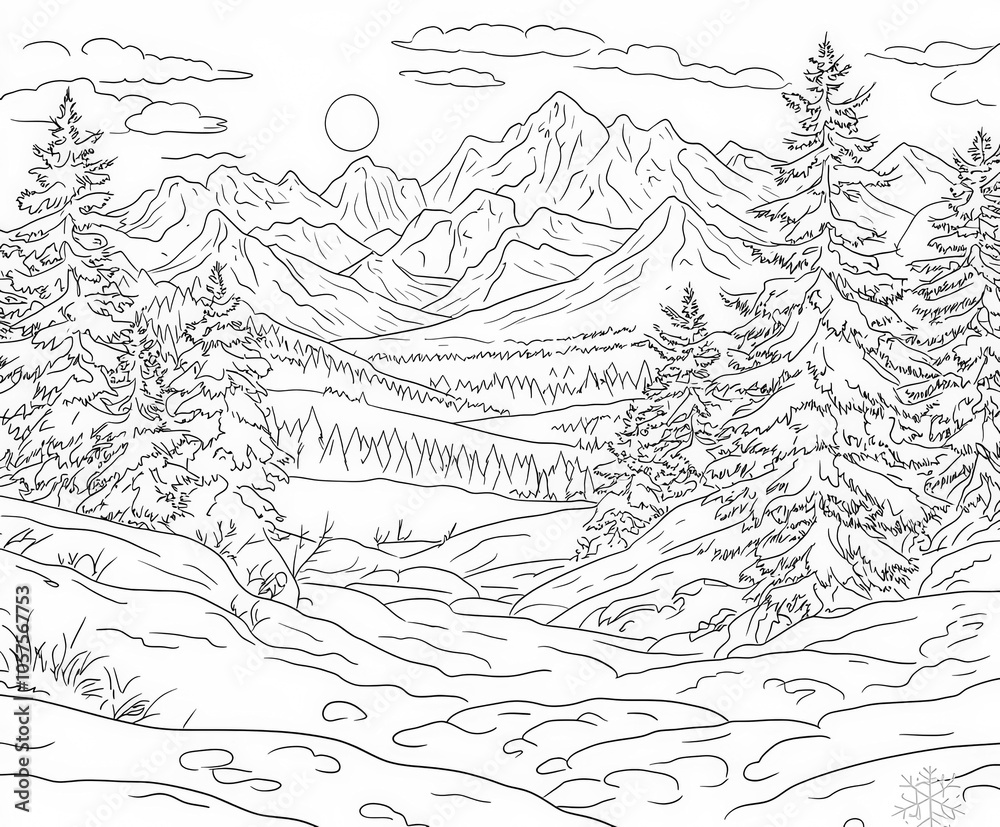 A beautiful winter sunset over snowy hills, coloring page for kids, simple outline illustration. Coloring book, simple lines. A beautiful winter sunset over snowy hills, coloring page for kids, simple outline illustration. Coloring book, simple lines.