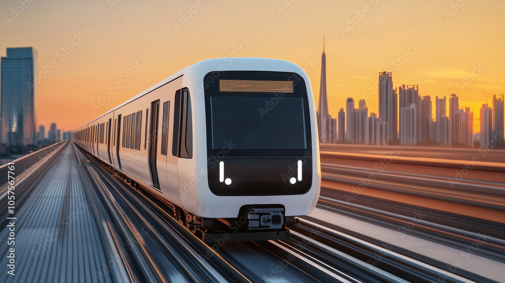 Naklejka premium Modern train cruising through city skyline at sunset, showcasing urban transport
